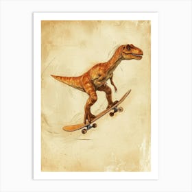 Vintage Oviraptor Dinosaur On A Skateboard 3 Art Print