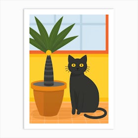 Black Cat With Potted Plant Art Print