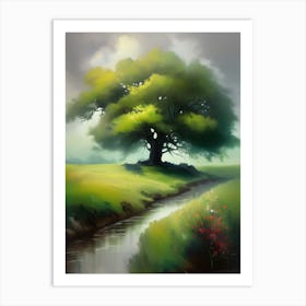 Oak tree, fine work of art, misty atmosphere, green meadow..7 Art Print