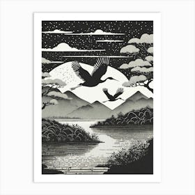 Cranes Flying Ukiyo-E Style Art Print