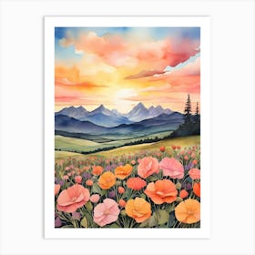 Default A Painting Of A Sunset Over A Field Of Flowers And Mou 0 3 Art Print