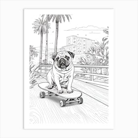 Pug Dog Skateboarding Line Art 4 Art Print