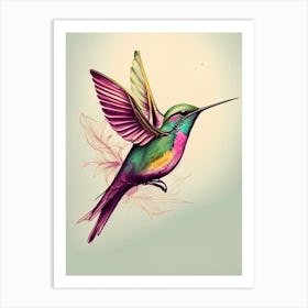 Berylline Hummingbird Retro Drawing Art Print