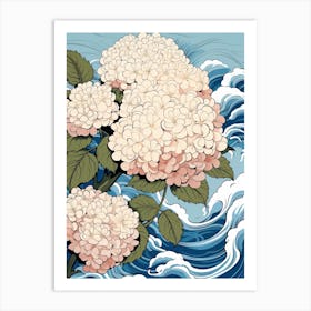 Great Wave With Hydrangea Flower Drawing In The Style Of Ukiyo E 1 Art Print
