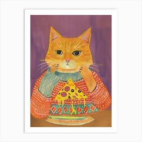 Happy Orange Cat Pizza Lover Folk Illustration 3 Art Print