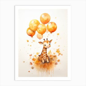 Giraffe Flying With Autumn Fall Pumpkins And Balloons Watercolour Nursery 1 Art Print