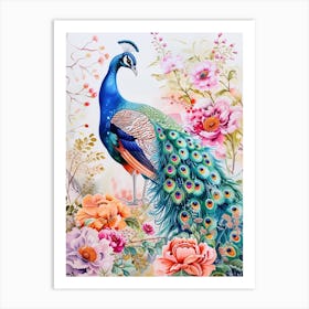 Storybook Style Floral Peacock Illustration 3 Art Print