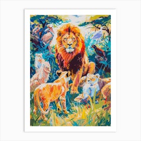 Masai Lion Interaction With Other Wildlife Fauvist Painting 3 Art Print