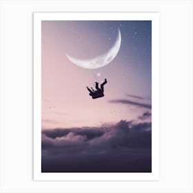 Astronaut Falling On Clouds and Crescent Moon Art Print