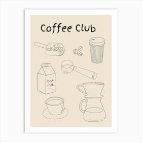 Coffee Club Line Drawing Poster B&W Art Print