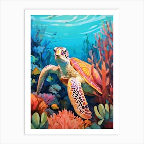 Turtle Swimming Behind The Coral Art Print
