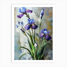 Oil Painting Still Life With Blue Violet Irises Flowers On Canvas With Texture In In The Grayscale Art Print