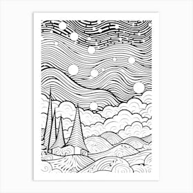 Line Art Inspired By The Starry Night 4 Art Print