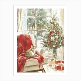 Cozy Christmas Home Interior with Cat. Watercolor Festive Art Print