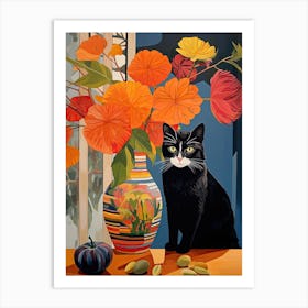 Hibiscus Flower Vase And A Cat, A Painting In The Style Of Matisse 1 Art Print