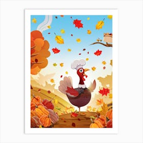 Cartoon Style Illustration Of A Cheerful Turkey Character Donning A Pilgrim Hat Amidst A Fall Harves (4) Art Print