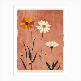 Set Of 4 Simple Hand Drawn Daisies On Pink Paper 07 Art Print