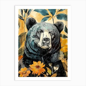 Black Bear With Flowers animal art 1 Art Print