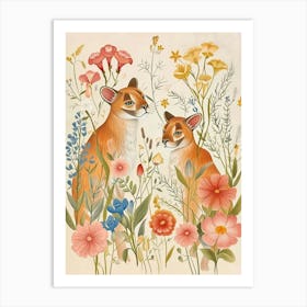 Folksy Floral Animal Drawing Puma 2 Art Print