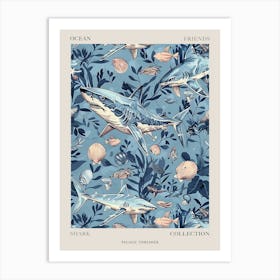 Pastel Blue Pelagic Thresher Watercolour Seascape Pattern 3 Poster Art Print