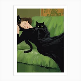 Decadent Young Woman After The Dance With Cats Green Sofa Art Print