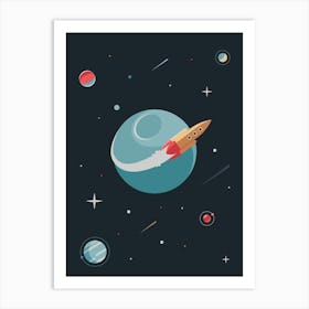 Rocket Flying Around Planet Art Print