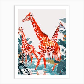 Herd Of Giraffe In The Water Watercolour 4 Art Print
