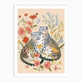 Folksy Floral Animal Drawing Snow Leopard Art Print