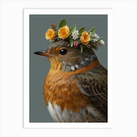 Bird With A Flower Crown European Robin Art Print 3 Art Print