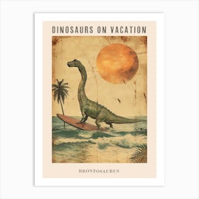 Vintage Brontosaurus Dinosaur On A Surf Board 3 Poster Art Print