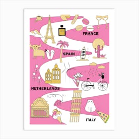 Pink Postcard Of France Roadmap Trip Europe Italy Spain Art Print