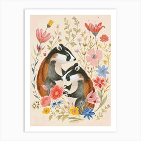 Folksy Floral Animal Drawing Badger 4 Art Print