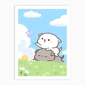 Kawaii Cat Love Peach Goma Twin Art Print