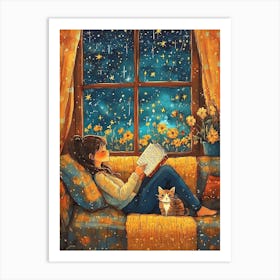 Girl Reading Book with Her Cat 11 Art Print