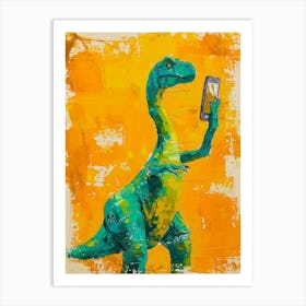Dinosaur Taking A Selfie Orange Blue Brushstrokes Art Print