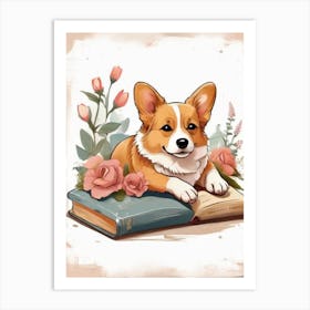 Corgi Dog Reading Book Art Print