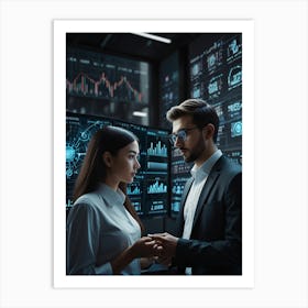 Businessman And Woman In Front Of Computer Screen Art Print