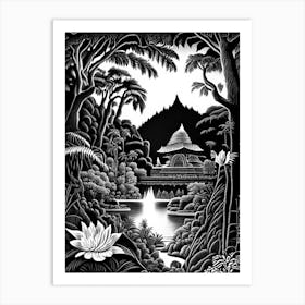 Tirta Gangga, 1, Indonesia Linocut Black And White Vintage Art Print