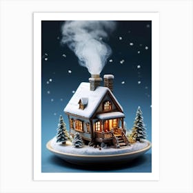 Miniature Winter Cottage Nestled Inside A Steaming Cup Delicate Smoke Whimsically Rising To Reveal Art Print