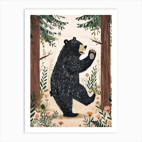 American Black Bear Dancing In The Woods Storybook Illustration 3 Art Print