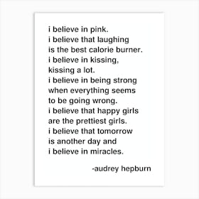 I Believe In Pink Audrey Hepburn Quote Statement In White Art Print