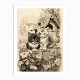 Cue Kittens Sepia With Flowers Outside Medieval Barn With A Spot Of Colour Art Print