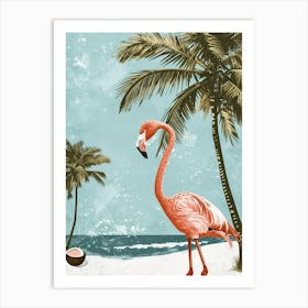 American Flamingo And Coconut Trees Minimalist Illustration 2 Art Print