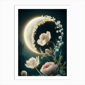 Moon And Flowers Art Print