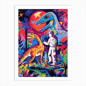 Colour Painting Of An Astronaut With Dinosaurs Art Print