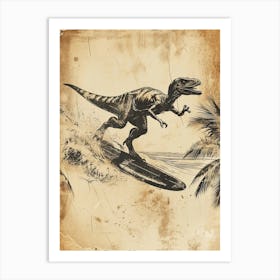 Vintage Microraptor Dinosaur On A Surf Board 2 Art Print