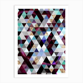 Abstract Geometric Triangle Pattern in Teal Blue and Glitter Gold n.0004 Art Print