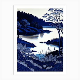 Blue Lake Landscapes Waterscape Linocut 2 Art Print