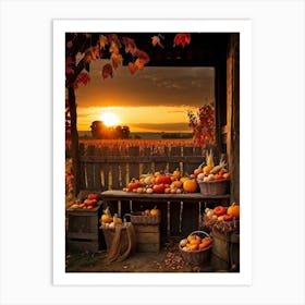 An Inviting Rustic Farm With Vegetables Like Corn Pumpkins Squash Elegantly Arranged In A Wooden B (7) Art Print