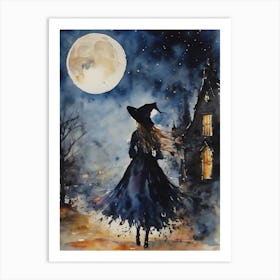 A Little Witch on A Full Moon ~ Wishing Witchy Witches Pagan Spooky Fairytale Magical Watercolour Art Print